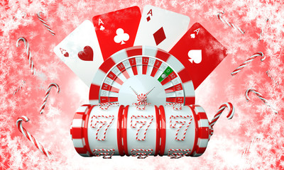 Red And White Christmas / New Year  Slot Machine, Roulette Wheel And Playing Cards Isolated On Pink Background - 3D Illustration