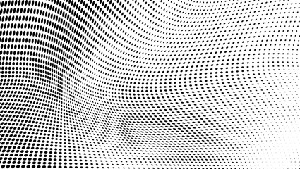 Abstract halftone texture in the form of a wave. Monochrome art background of black dots on white. Vector chaotic pattern. Template for printing and design of business cards, labels, posters