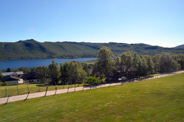 Views from the train window. Mountain tundra of Central Norway. Railway travel in Norway.The Bergen - Oslo train.