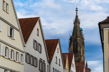 Fototapeta premium Germany, Beautiful historical gothic church steeple of church building st mary, called marienkirche in downtown reutlingen