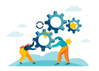 Corporate workers generate ideas. People twist gears in mechanism to burn lamp. Harmonious teamwork on enterprise. Blue and orange colored picture. Concept vector illustration EPS 10 isolated on white