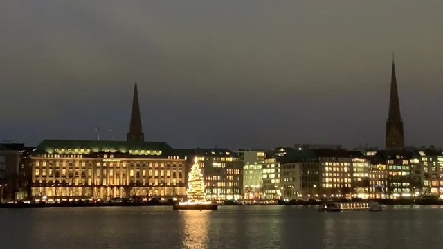 View of Hapag Lloyd's headquarters in Hamburg and a Christmas tree called Alstertanne