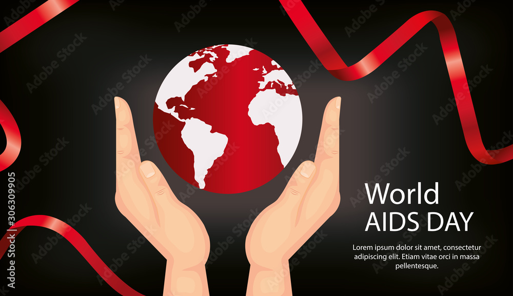 Sticker poster of world aids day with hands and planet earth vector illustration design