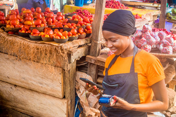 young african woman selling in a local african market holding a mobile point of sale system and...