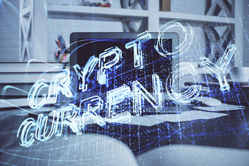 Multi exposure of blockchain theme hologram and table with computer background. Concept of bitcoin...