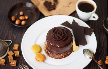 Chocolate cake on the kitchen table .