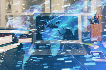 Obraz premium Technology theme drawing and work space with computer. Multi exposure. Concept of innovation.