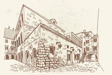 Vector sketch of street scene in old Dubrovnik. Croatia