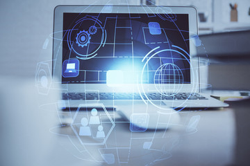 Computer on desktop with social network theme icon. Multi exposure. Concept of international connections.