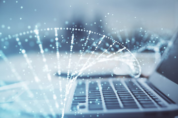 Desktop computer background and DNA drawing. Double exposure. Science concept.