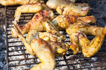Chicken legs and wings on the grill