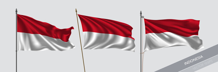 Fototapeta na wymiar Set of Indonesia waving flag on isolated background vector illustration