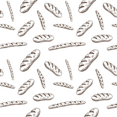 Bakery pattern. Hand drawn bread products on white background. Sketch style. Seamless vector backdrop