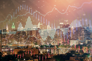Naklejka na ściany i meble Double exposure of forex chart drawings over cityscape background. Concept of success.