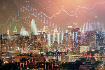 Obraz na płótnie Canvas Double exposure of forex chart drawings over cityscape background. Concept of success.