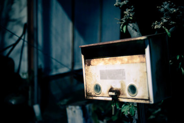 古びた郵便受けのある庭の風景