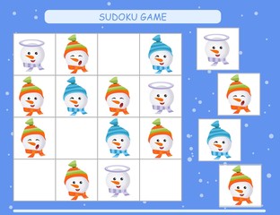 Fototapeta premium Sudoku for kids. Kids activity sheet. Training logic, educational game. Sudoku game with funny snowman.