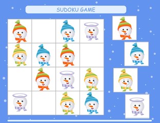 Sudoku for kids. Kids activity sheet. Training logic, educational game. Sudoku game with funny snowman.