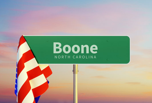 Boone – North Carolina. Road or Town Sign. Flag of the united states. Sunset oder Sunrise Sky. 3d rendering