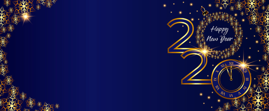 christmas golden banner, 2020 happy new year. Clock on new year s eve on a dark blue background with Golden snowflakes. Vector card.