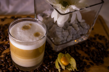 a latte macchiato on a wooden board. As decko, coffee beans are spread on the board. In the background is a plant
