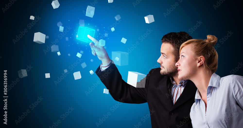 Poster man and woman touching hologram screen displaying cube symbols