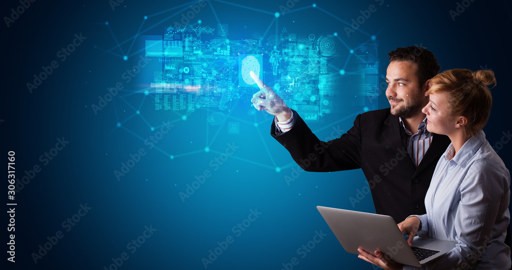 Poster man and woman accessing modern hologram personal database with fingerprint identification