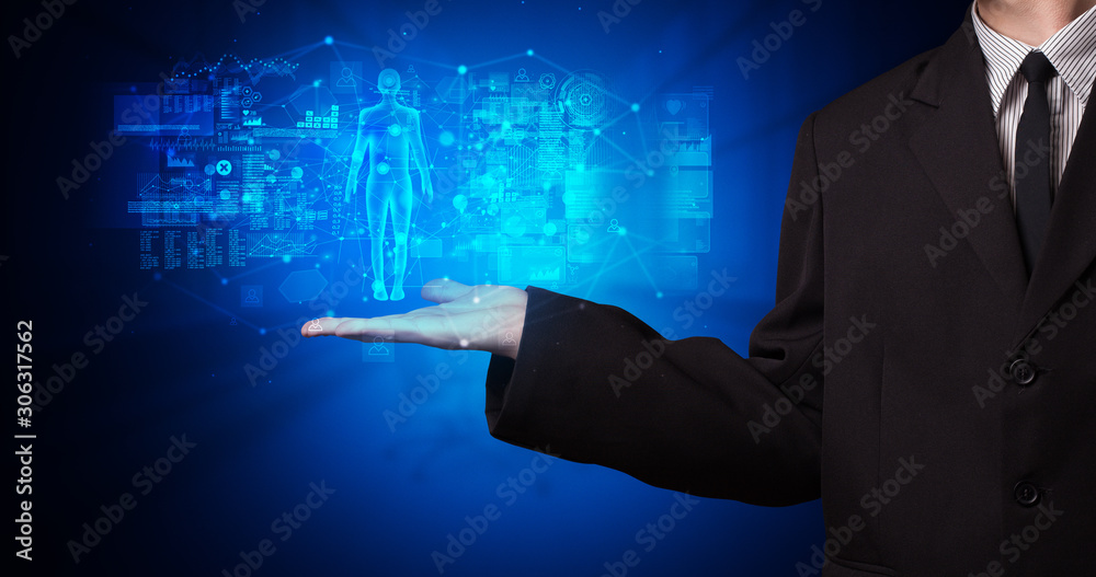 Poster young person holding hologram projection displaying health related graphs and symbols