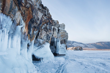 Tsagan-Hushun cape. Lake Baikal, winter landscape. Small sea