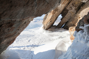 Cave in Cape Uyuga. Lake Baikal, winter