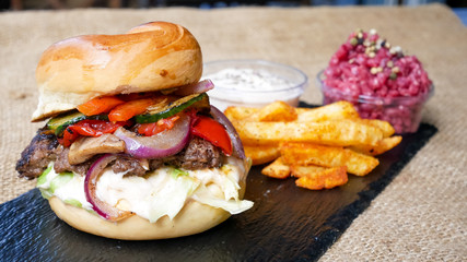 Hamburger and fries on a table