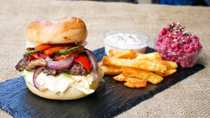 Hamburger and fries on a table