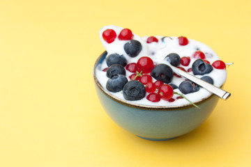 Bowl of yogurt with fresh fruit.