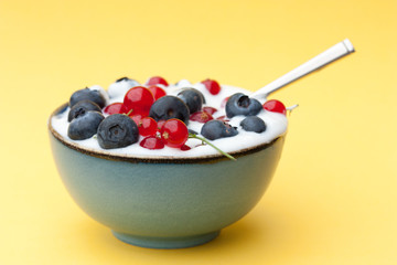 Bowl of yogurt with fresh fruit.