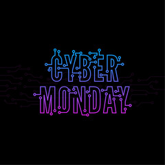 Cyber Monday with tech circuit board texture. Vector inscription cyber monday on black background.