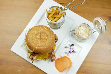 Hamburger and fries on a table