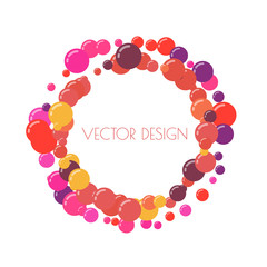 Multicolored round banner, frame of circles. Randomly scattered colored bubbles. Childish vibrant round dots on white background for decoration. Vector illustration.