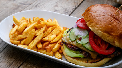 Hamburger and fries on a table