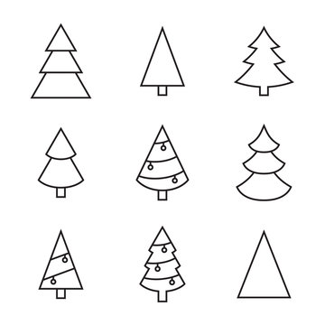 Set of vector christmas tree icons. Linear style of christmas symbols. Isolated on a black background.