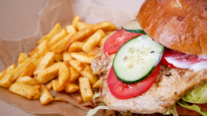 Hamburger and fries on a table