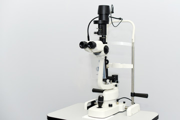 Ophthalmoscopy of the eye. Medical equipment with ophthalmoscope in modern clinic