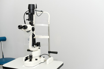 Ophthalmoscopy of the eye. Medical equipment with ophthalmoscope in modern clinic