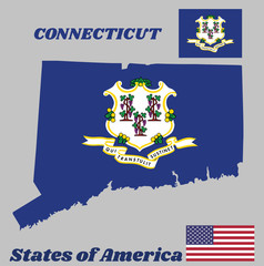 Map outline and flag of Connecticut, text "Qui Transtulit Sustinet", Latin for "He who transplanted sustains” and USA flag.