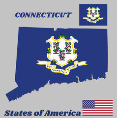 Map outline and flag of Connecticut, text 