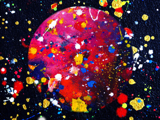 Colorful drop painting abstract space background with texture.