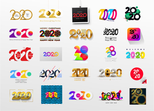 Set of Happy New Year 2020 logo text design. Cover of business diary for 2020 with wishes. Brochure design template, card, banner, postcard. Vector illustration. Isolated on white background.