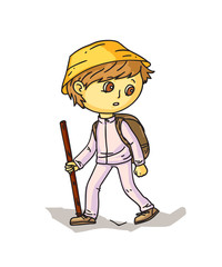 Cartoon boy hiker with stick and backpack on white