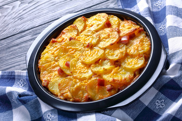 close-up of a delicious, cheesy, potato casserole