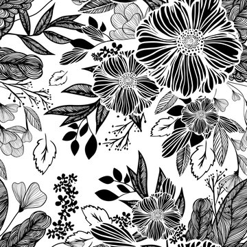 The seamless background is monochrome flowers. Vector illustration