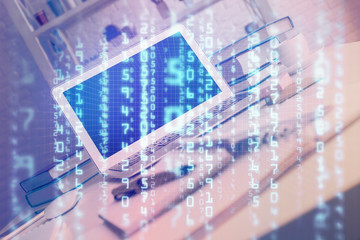 Technology theme drawing and work space with computer. Multi exposure. Concept of innovation.